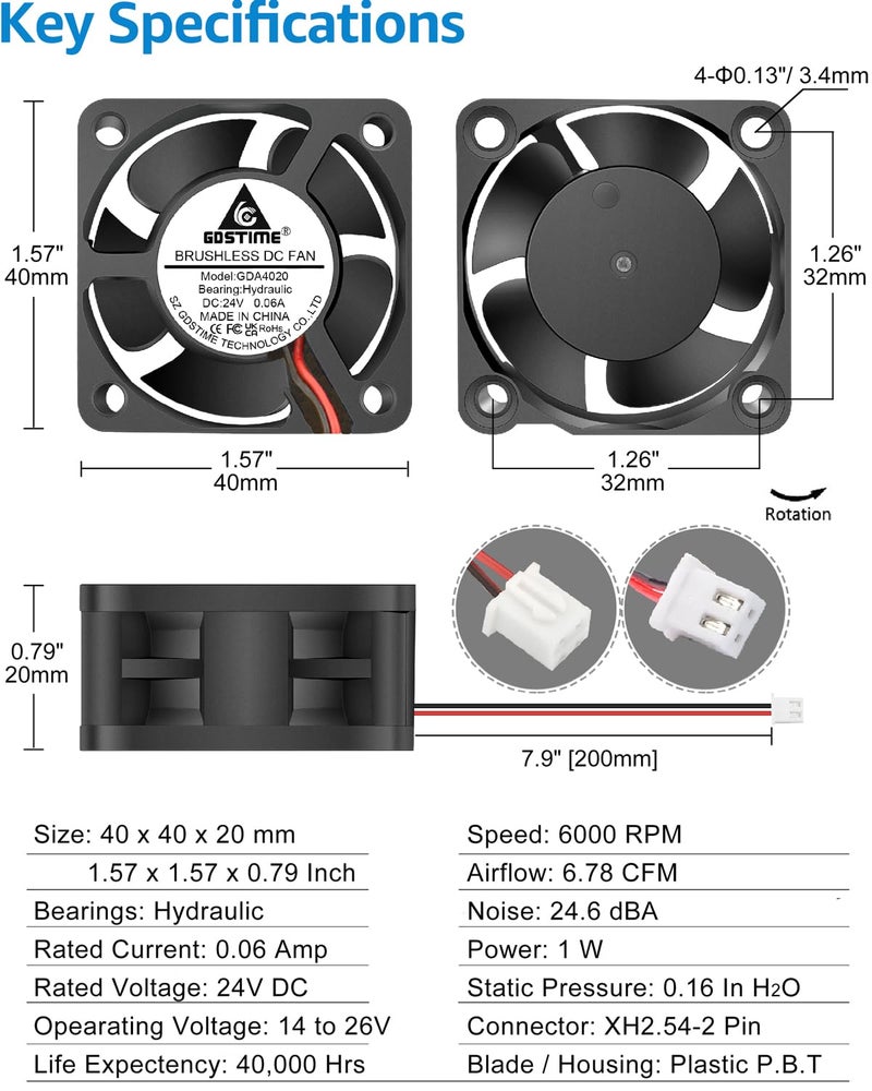 GDSTIME 40mm Brushless Cooling Fan, 40mm x 40mm x 20mm 24V DC Fan 2Pin 6000RPM for 3D Printer 2-Pack - Image 5